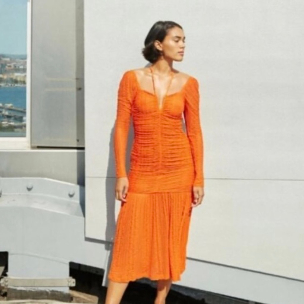 Ganni Orange Ruched stretch-cloqué midi dress size 36‎ US 4 $475